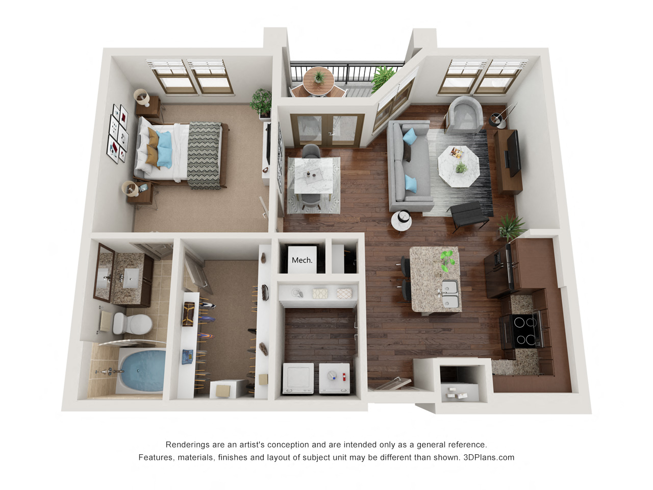 Floor plan for 1 bed, 1 bath, 774 sqft